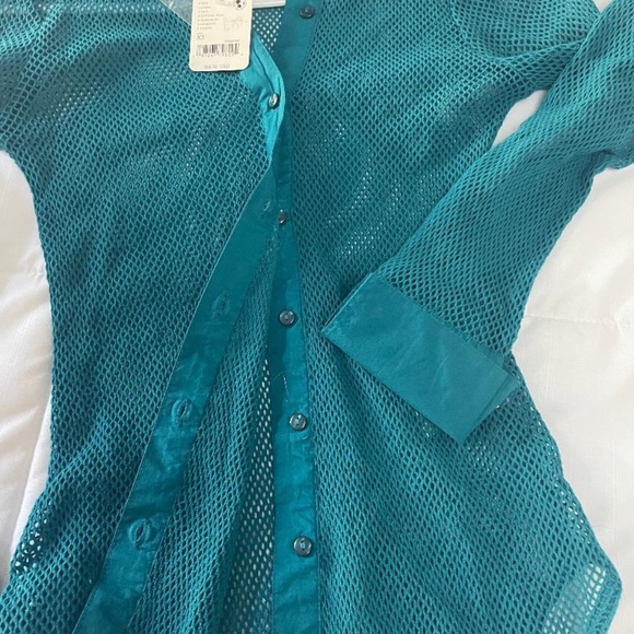 Free People Fun Mess Button Down Collared Shirt, Green/Blue color - Picture 6 of 6